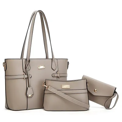 Women Fashion Casual Simple Solid Color Large Capacity Tote Bag Shoulder Handbag Three-Piece Bag Set