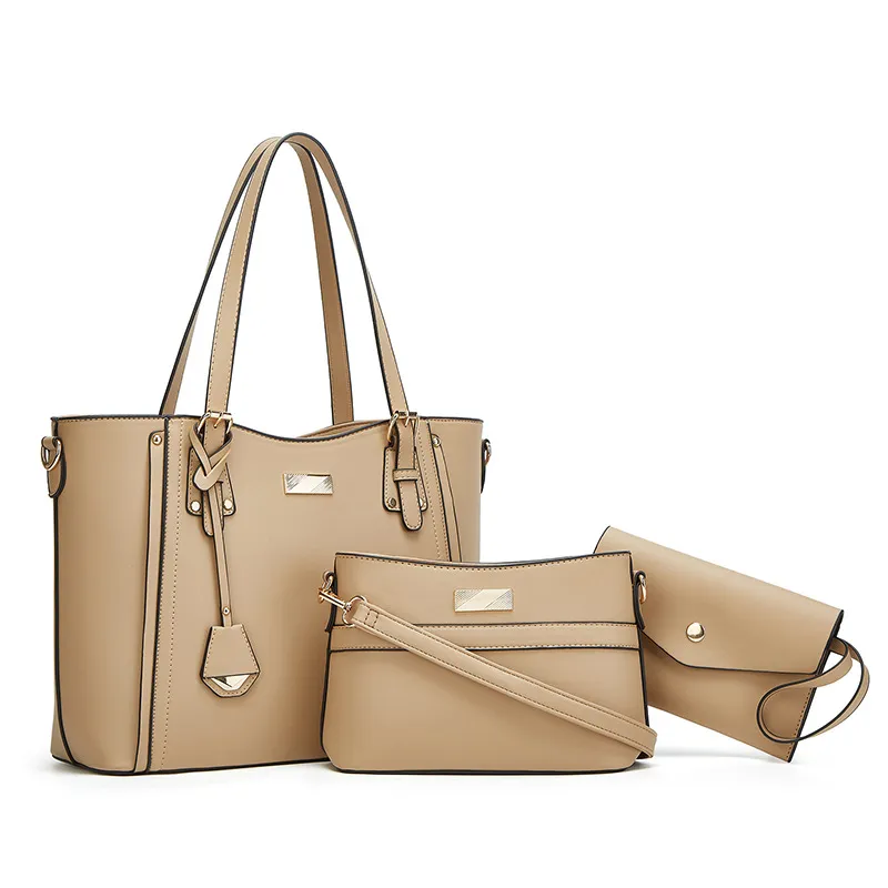 Women Casual Solid Color Large Capacity PU Shoulder Handbag Tote Bag Three-Piece Set