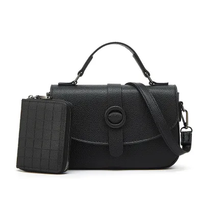 Women Fashion Casual Solid Color Soft PU Leather Portable Small Square Handbag Two-Piece Set
