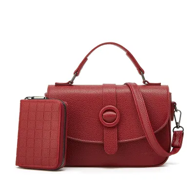 Women Fashion Casual Solid Color Soft PU Leather Portable Small Square Handbag Two-Piece Set