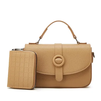 Women Fashion Casual Solid Color Soft PU Leather Portable Small Square Handbag Two-Piece Set