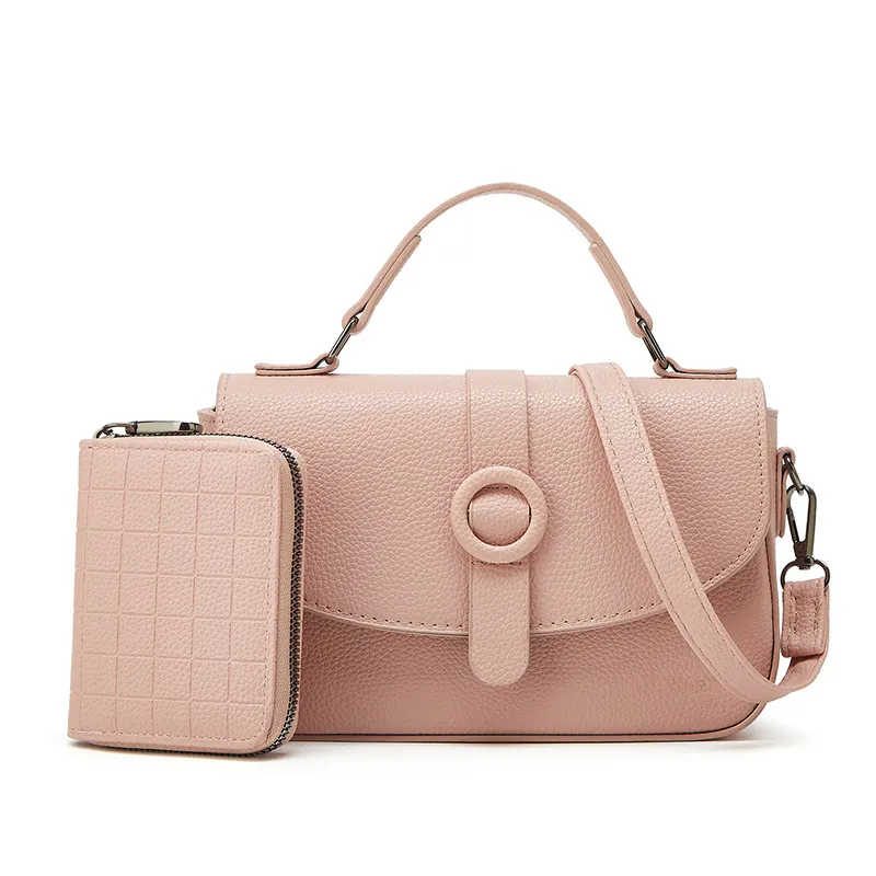 Women Fashion Casual Solid Color Soft PU Leather Portable Small Square Handbag Two-Piece Set