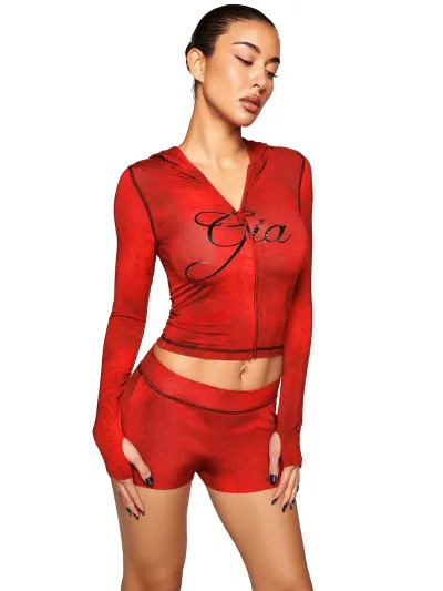 Women Fashion Casaul Printed Long-Sleeve Hoodies Tight Shorts Two-Piece Set