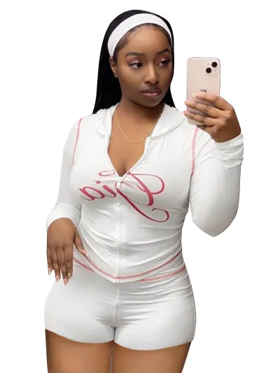 Women Fashion Casaul Printed Long-Sleeve Hoodies Tight Shorts Two-Piece Set