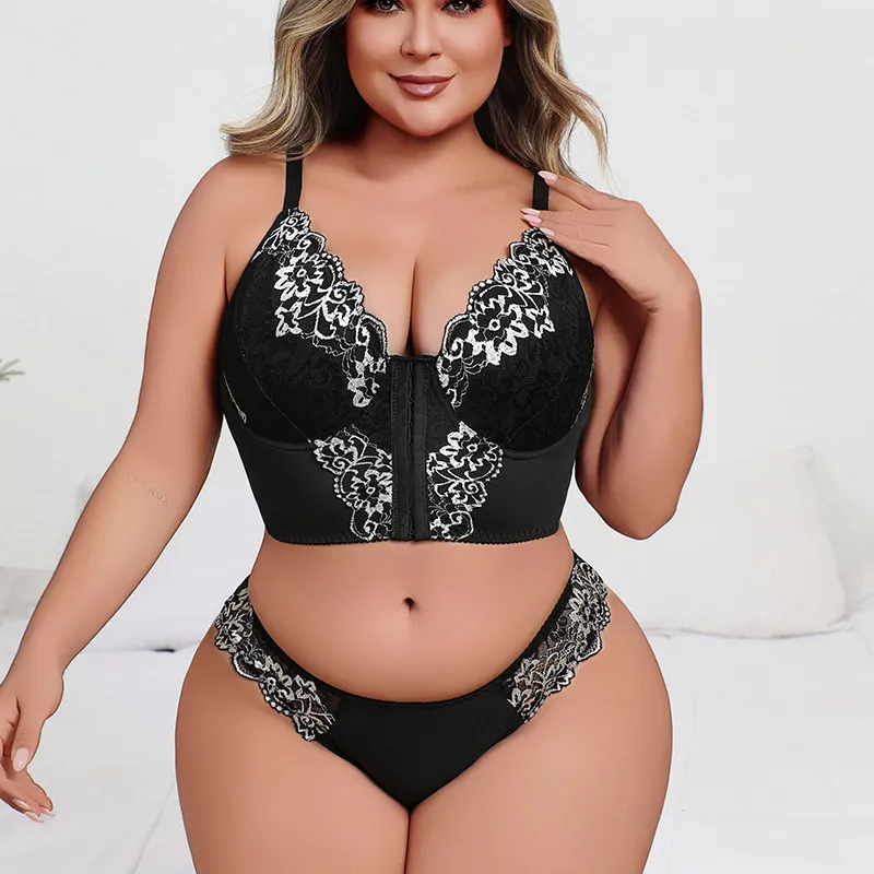 Women Fashion Sexy Lplus Size Black White Lace Bra Underwear Two-Piece Set