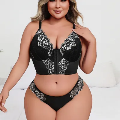 Women Fashion Sexy Lplus Size Black White Lace Bra Underwear Two-Piece Set