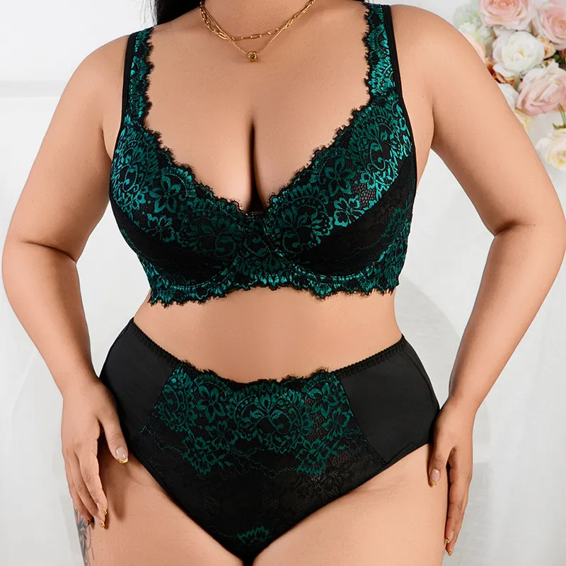 Women Fashion Sexy Plus Size Mesh Edge Bra Underwear Set