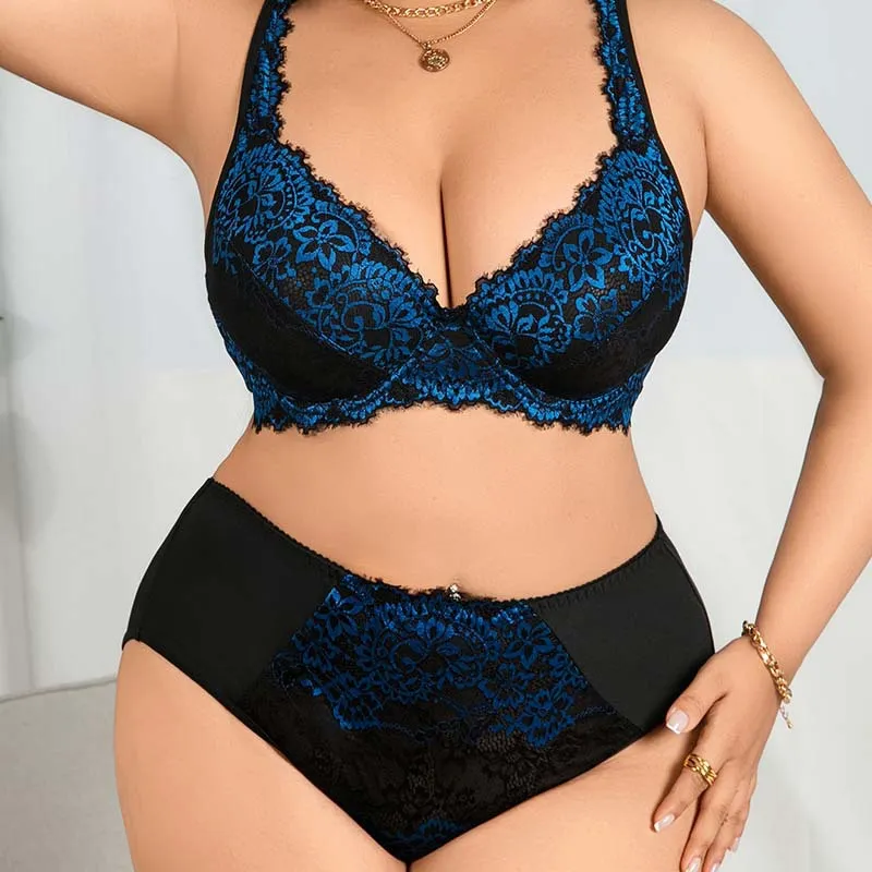 Women Fashion Sexy Plus Size Pattern Adjustable Bra Underwear Set
