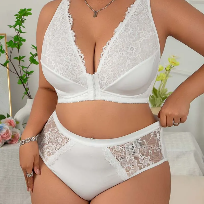 Women Fashion Sexy Plus Size Solid Color No Steel Ring Front Buckle Bra Underwear Set