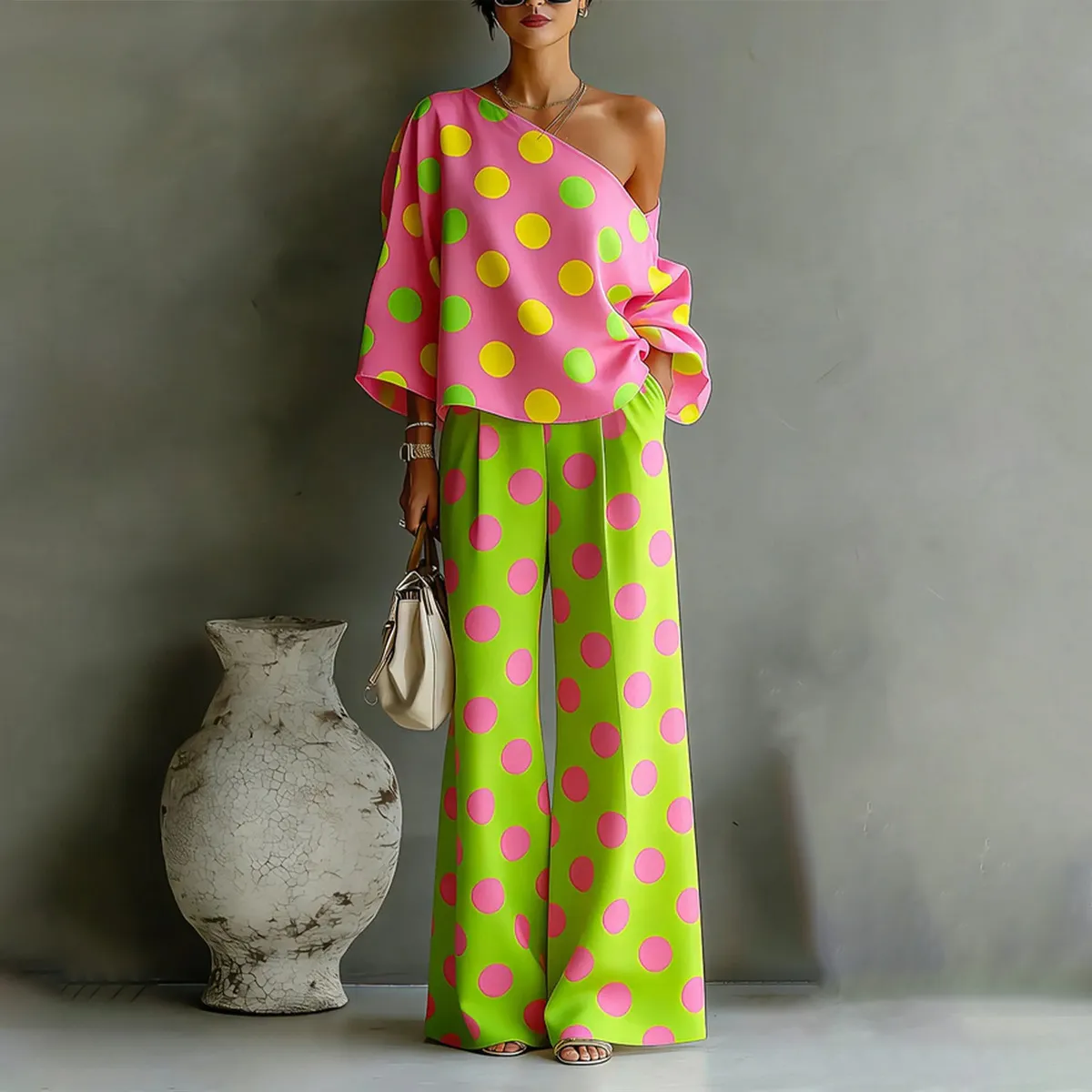 Women Fashion Casual Summer Multicolor Polka Dot Print Shoulder-Exposed Long-Sleeve Blouse Wide-Leg Pants Two-Piece Set