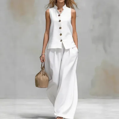 Women Fashion Casual Summer Solid Color V-Neck Vest Loose Pants Two-Piece Set