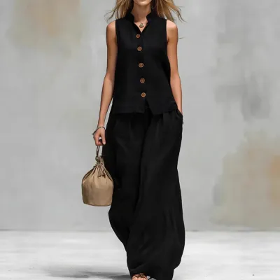 Women Fashion Casual Summer Solid Color V-Neck Vest Loose Pants Two-Piece Set