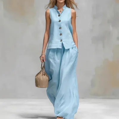 Women Fashion Casual Summer Solid Color V-Neck Vest Loose Pants Two-Piece Set