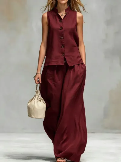 Women Fashion Casual Summer Solid Color V-Neck Vest Loose Pants Two-Piece Set
