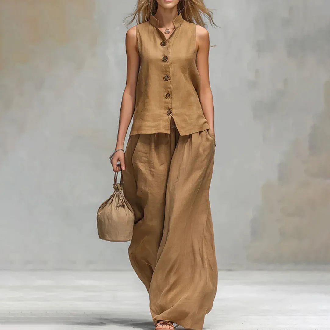 Women Fashion Casual Summer Solid Color V-Neck Vest Loose Pants Two-Piece Set