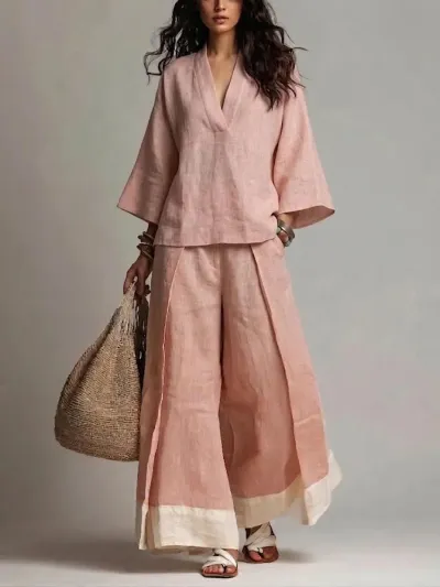 Women Fashion Casual Spring And Summer Cotton And Linen Color Contrast V-Neck Long-Sleeve Blouse Wide Leg Pants Two-Piece Set