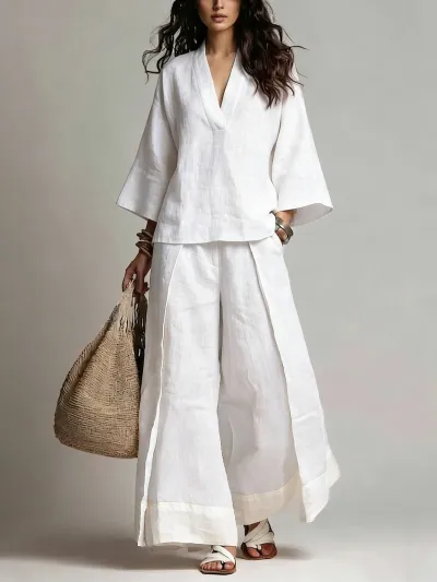 Women Fashion Casual Spring And Summer Cotton And Linen Color Contrast V-Neck Long-Sleeve Blouse Wide Leg Pants Two-Piece Set