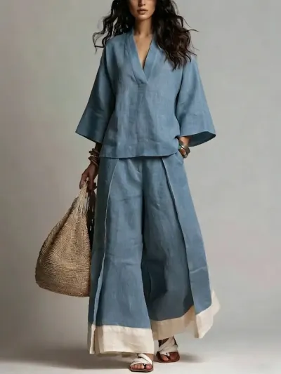 Women Fashion Casual Spring And Summer Cotton And Linen Color Contrast V-Neck Long-Sleeve Blouse Wide Leg Pants Two-Piece Set