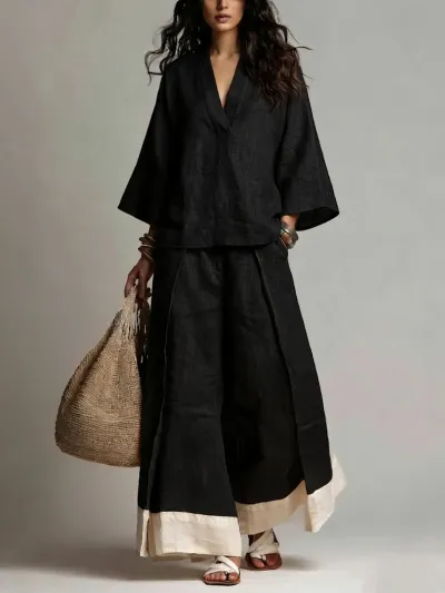 Women Fashion Casual Spring And Summer Cotton And Linen Color Contrast V-Neck Long-Sleeve Blouse Wide Leg Pants Two-Piece Set