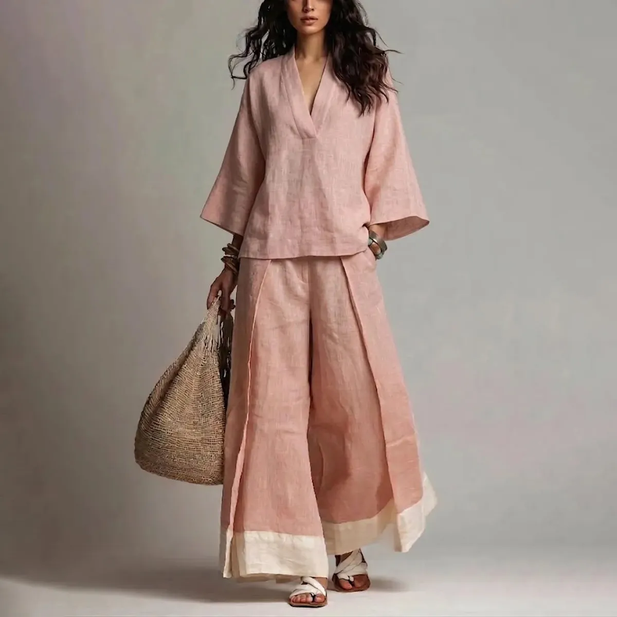 Women Fashion Casual Spring And Summer Cotton And Linen Color Contrast V-Neck Long-Sleeve Blouse Wide Leg Pants Two-Piece Set
