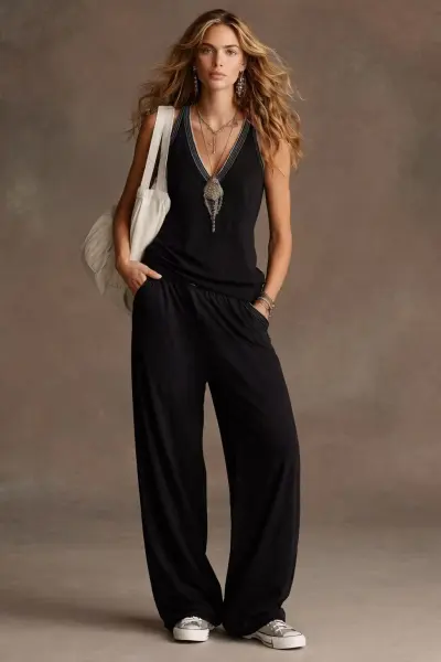 Women Fashion Casual Summer V-Neck Sleeveless Tank Top Wide-Leg Pants Two-Piece Set