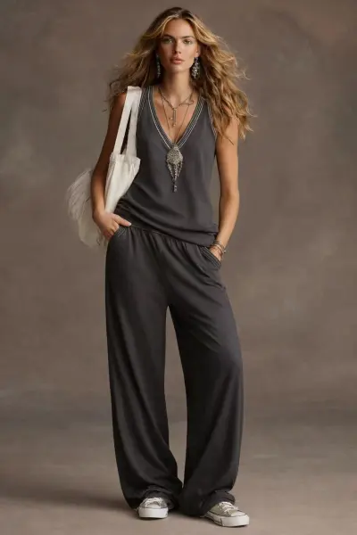 Women Fashion Casual Summer V-Neck Sleeveless Tank Top Wide-Leg Pants Two-Piece Set