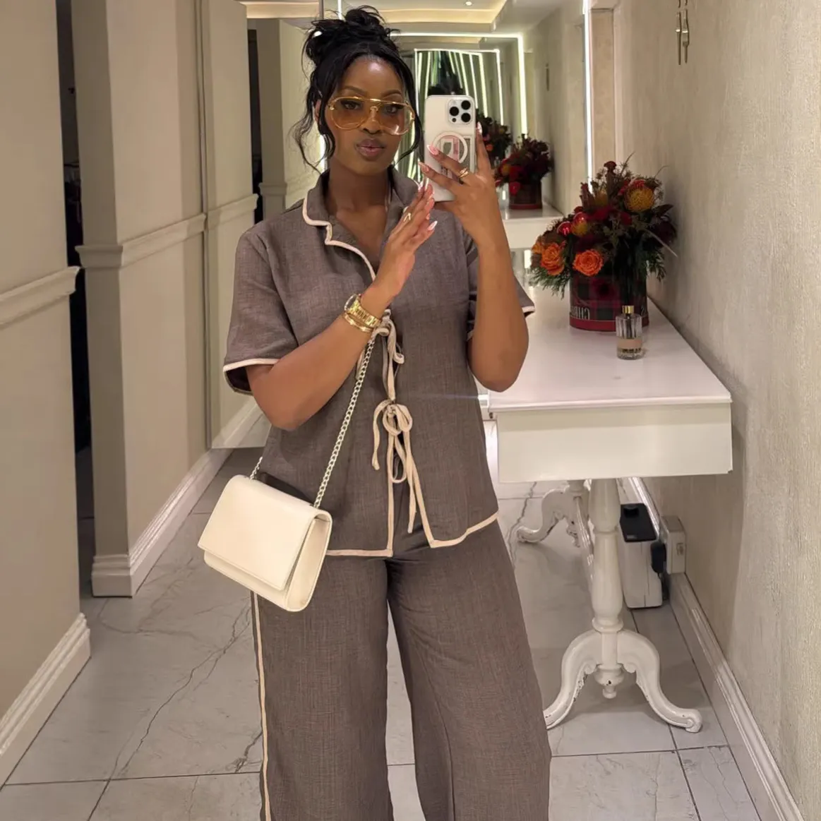 Women Fashion Casual Stitching Color Contrast Lapel Short-Sleeve Blouse Wide-Leg Pants Two-Piece Set