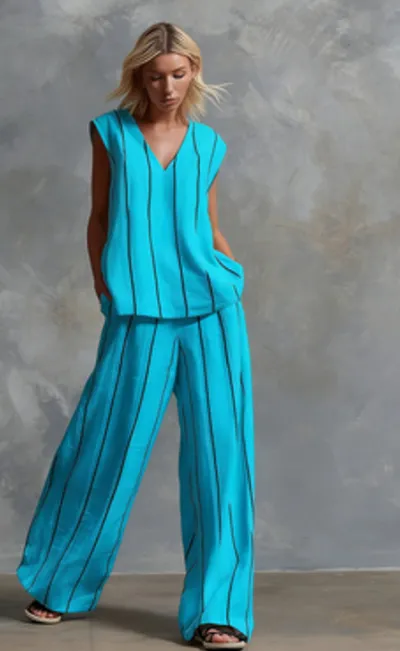 Women Fashion Casual Summer Black White Stripe Cotton And Linen Loose Tank Top Wide Leg Pants Two-Piece Set