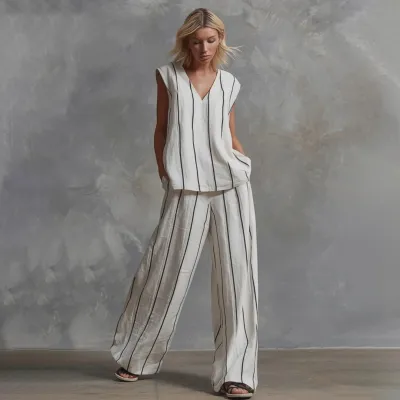 Women Fashion Casual Summer Black White Stripe Cotton And Linen Loose Tank Top Wide Leg Pants Two-Piece Set