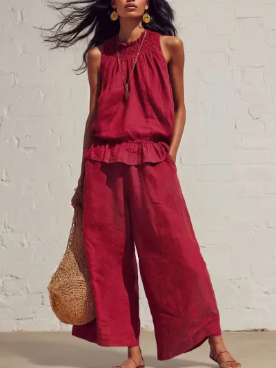 Women Fashion Casual Summer Solid Color Cotton Linen Ruffled Tank Top Wide-Leg Pants Two-Piece Set