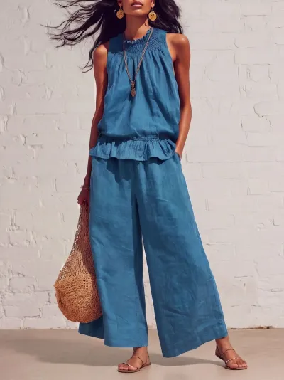 Women Fashion Casual Summer Solid Color Cotton Linen Ruffled Tank Top Wide-Leg Pants Two-Piece Set