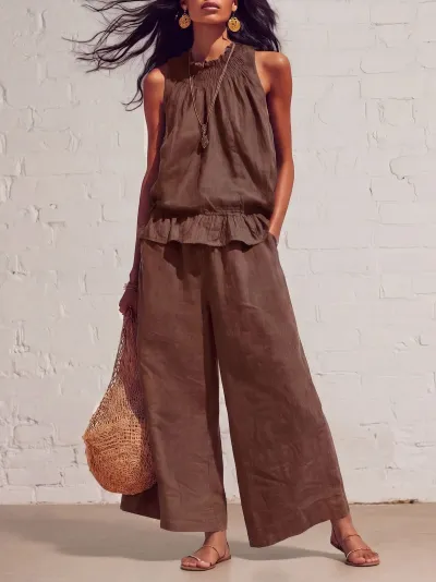 Women Fashion Casual Summer Solid Color Cotton Linen Ruffled Tank Top Wide-Leg Pants Two-Piece Set