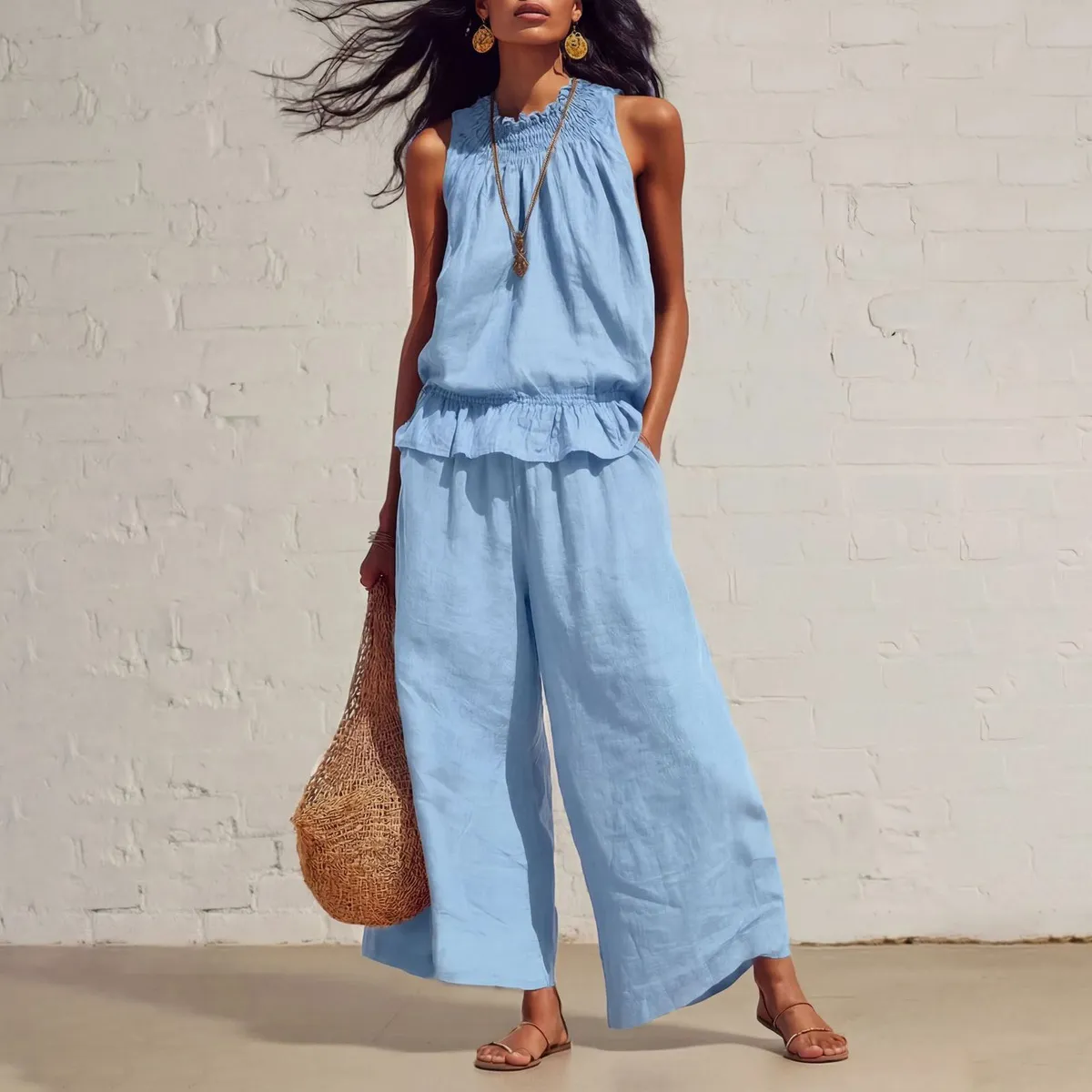 Women Fashion Casual Summer Solid Color Cotton Linen Ruffled Tank Top Wide-Leg Pants Two-Piece Set