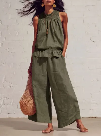 Women Fashion Casual Summer Solid Color Cotton Linen Ruffled Tank Top Wide-Leg Pants Two-Piece Set
