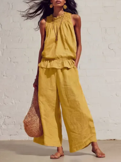Women Fashion Casual Summer Solid Color Cotton Linen Ruffled Tank Top Wide-Leg Pants Two-Piece Set
