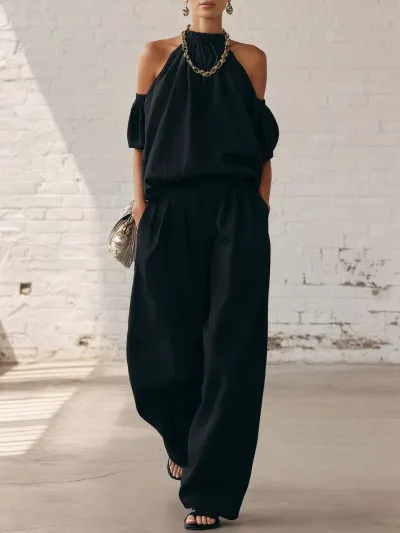 Women Fashion Casual Spring Solid Color Off-Shoulder Bouse High Waist Wide Leg Pants Two-Piece Set