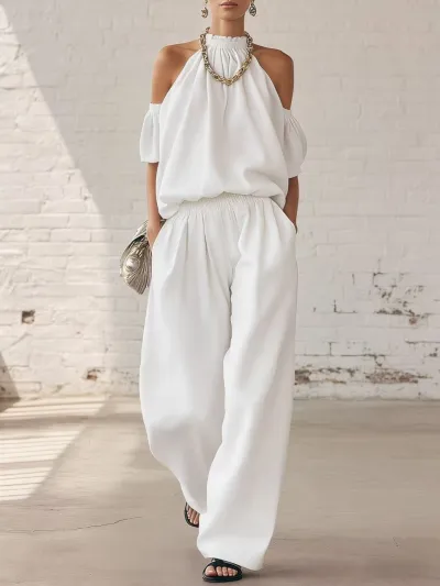 Women Fashion Casual Spring Solid Color Off-Shoulder Bouse High Waist Wide Leg Pants Two-Piece Set
