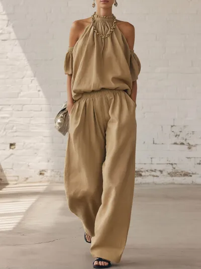 Women Fashion Casual Spring Solid Color Off-Shoulder Bouse High Waist Wide Leg Pants Two-Piece Set