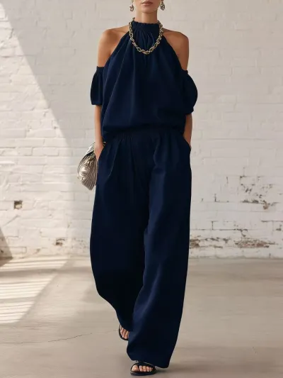 Women Fashion Casual Spring Solid Color Off-Shoulder Bouse High Waist Wide Leg Pants Two-Piece Set