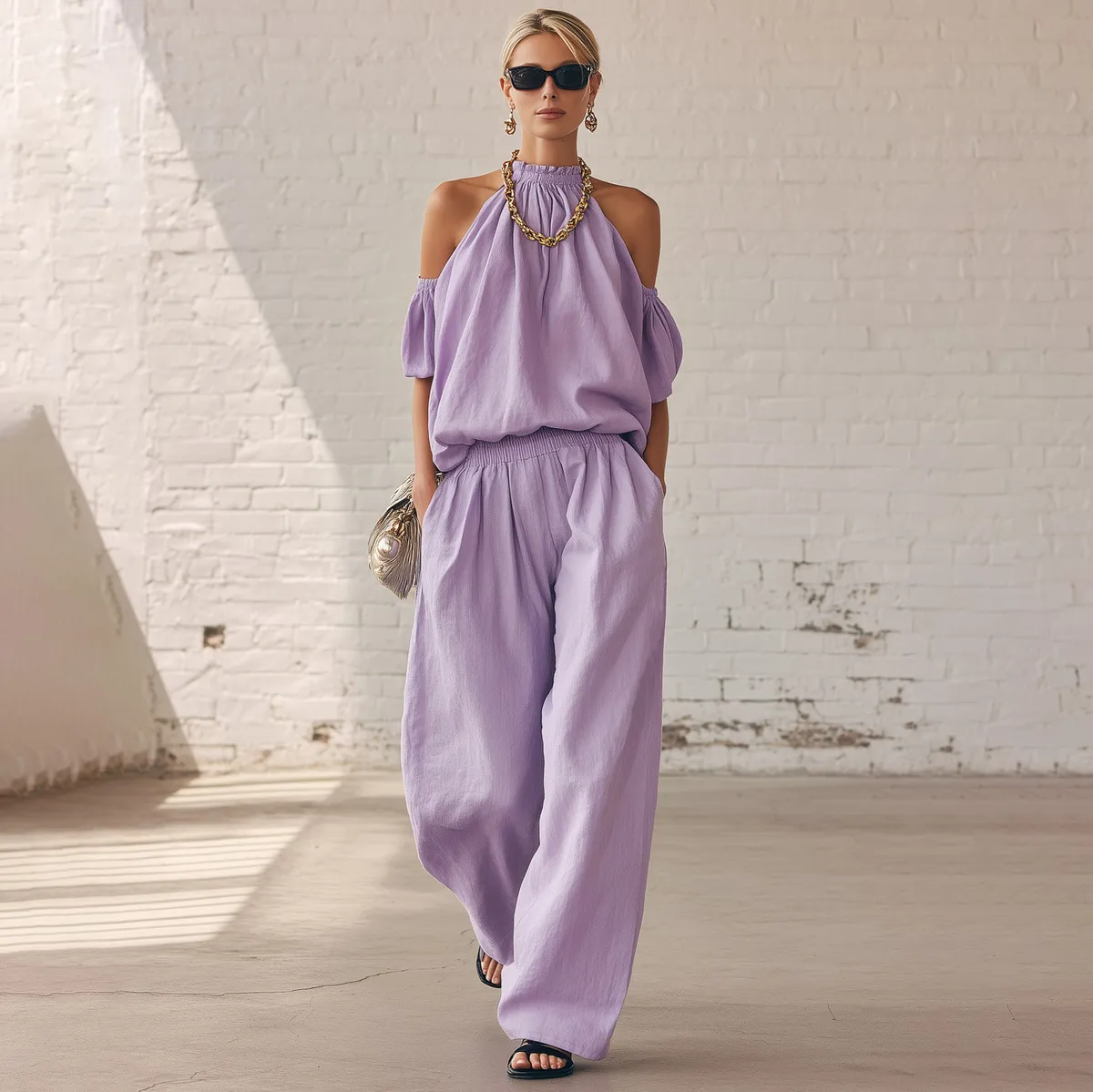 Women Fashion Casual Spring Solid Color Off-Shoulder Bouse High Waist Wide Leg Pants Two-Piece Set