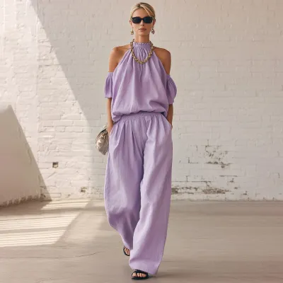 Women Fashion Casual Spring Solid Color Off-Shoulder Bouse High Waist Wide Leg Pants Two-Piece Set