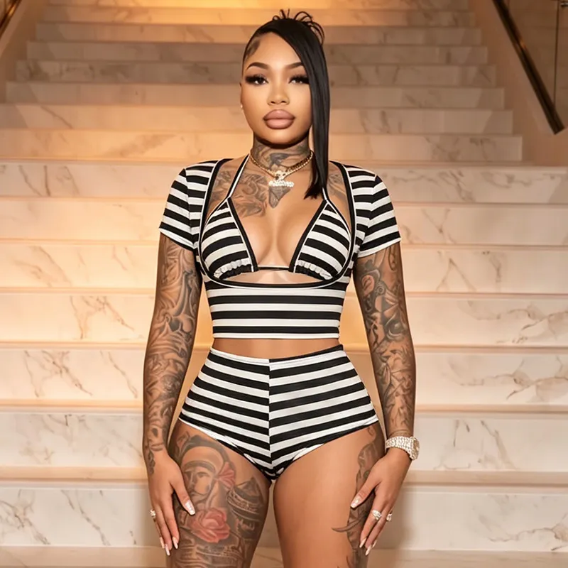 Women Fashion Sexy Summer Stripe Print Bra Short-Sleeve Crop Top Tight Shorts Three-Piece Set