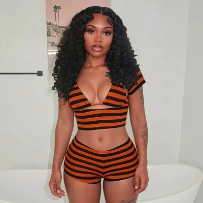 Women Fashion Sexy Summer Stripe Print Bra Short-Sleeve Crop Top Tight Shorts Three-Piece Set