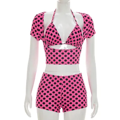 Women Fashion Sexy Summer Polka Dot Print Bra Short-Sleeve Crop Top Tight Shorts Three-Piece Set