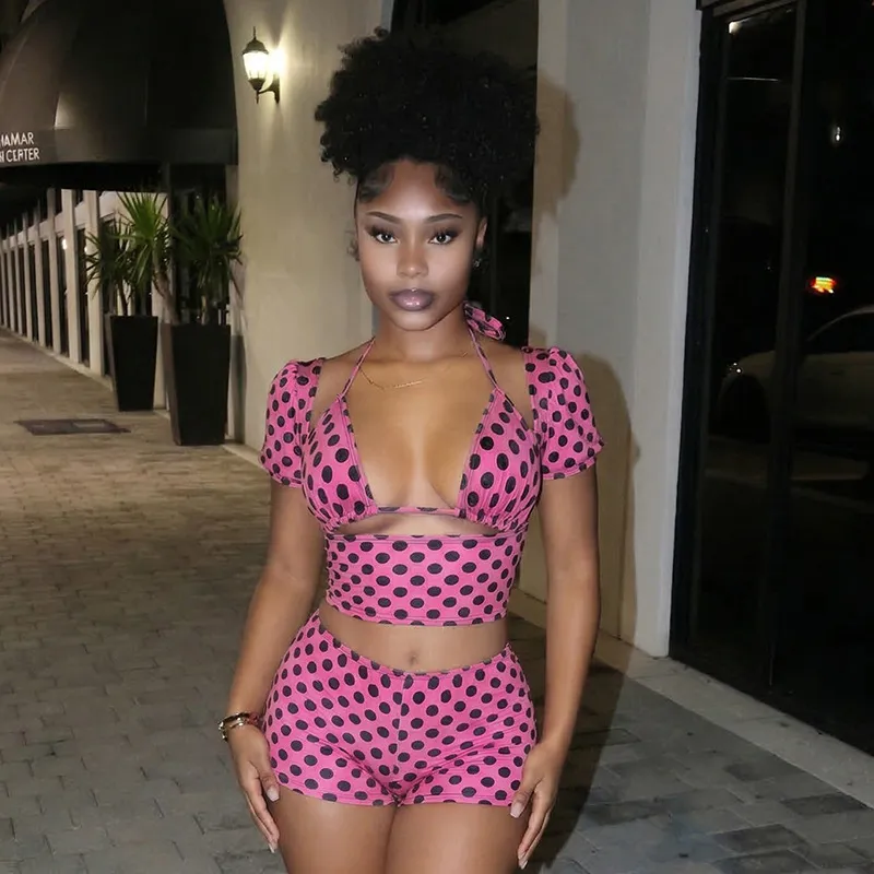 Women Fashion Sexy Summer Polka Dot Print Bra Short-Sleeve Crop Top Tight Shorts Three-Piece Set