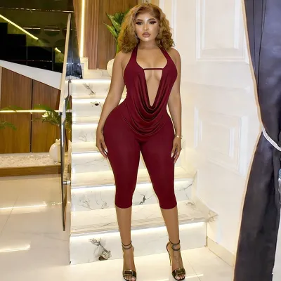 Women Fashion Sexy Spring Solid Color Halter-Neck Top Slim-Fit Shorts Two-Piece Set