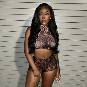Women Fashion Sexy Summer Leopard Halter-Neck Backless Crop Top Tight Shorts Two-Piece Set