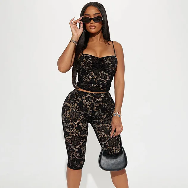 Women Fashion Sexy Lace Perspective Camisole Tight Shorts Two-Piece Set