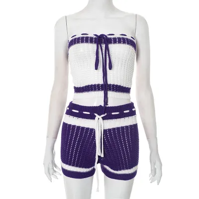 Women Fashion Sexy Contrast Color Knitted Tube Top Tight Shorts Two-Piece Set