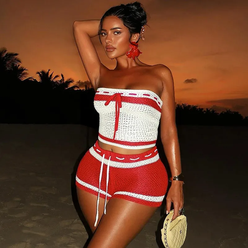 Women Fashion Sexy Contrast Color Knitted Tube Top Tight Shorts Two-Piece Set